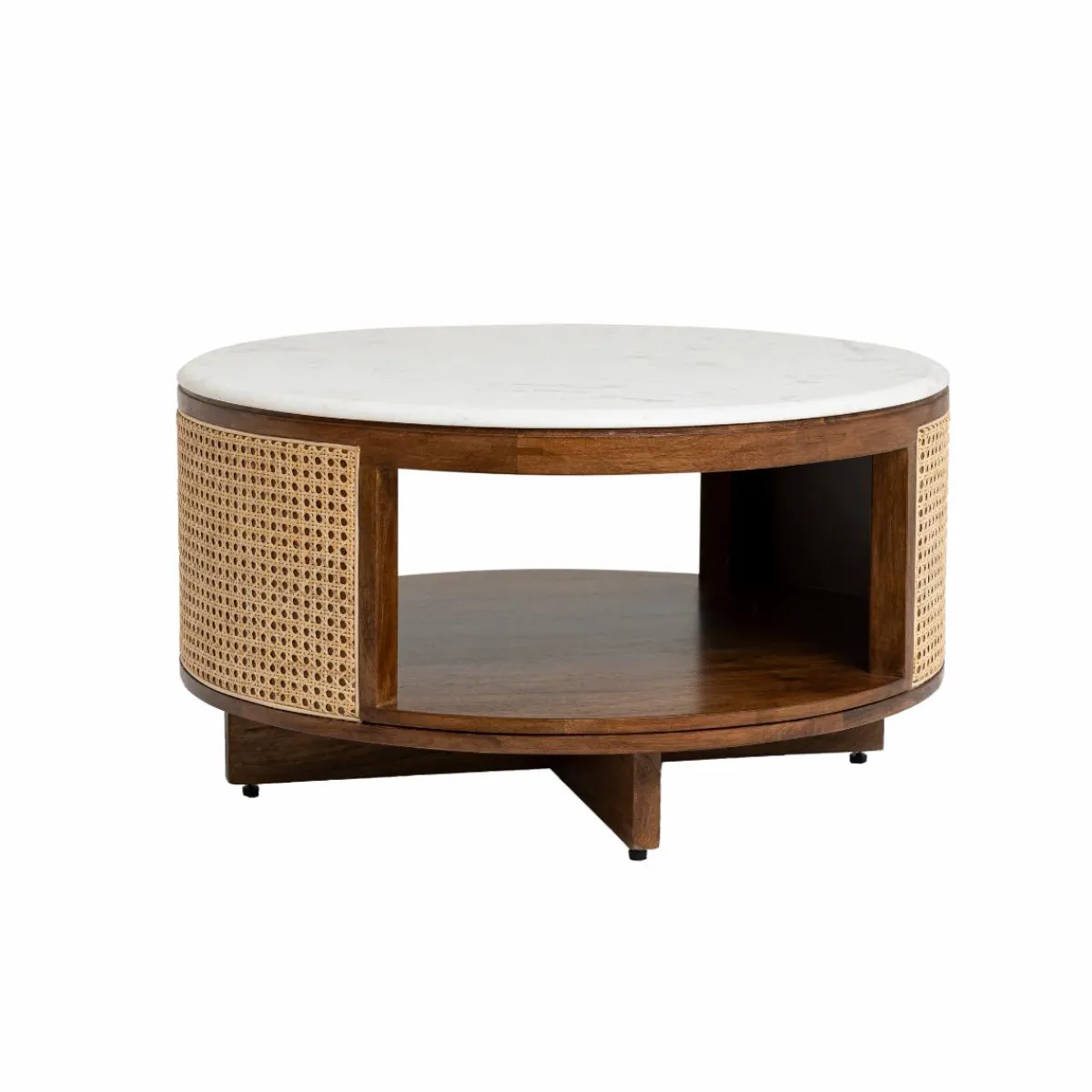 Made in Meubles Table basse en bois de manguier, cannage et marbre Brook