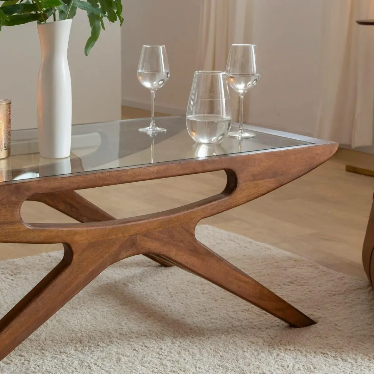 Made in Meubles Table basse en bois de manguier et verre Alina