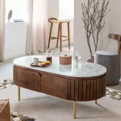 Made in Meubles Table basse en bois de manguier et marbre Sienne