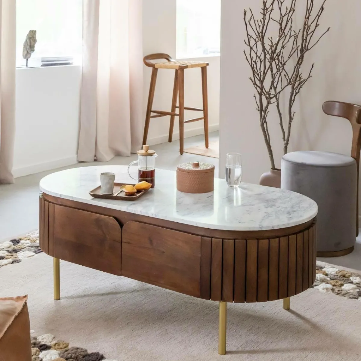 Made in Meubles Table basse en bois de manguier et marbre Sienne