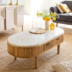 Made in Meubles Table basse en terrazzo et bois de manguier Ambrine