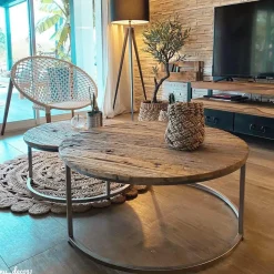 Made in Meubles Table basse gigogne ronde en bois recyclé Milla