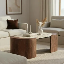 Made in Meubles Table basse ovale en bois de manguier et marbre Agnès