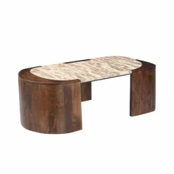 Made in Meubles Table basse ovale en bois de manguier et marbre Agnès