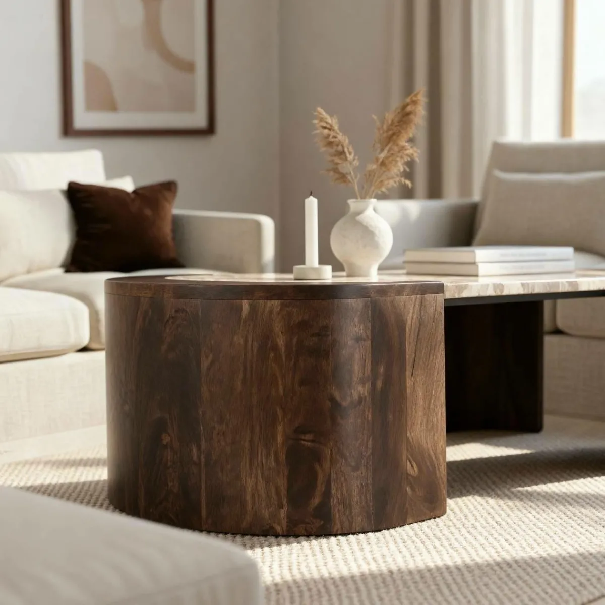 Made in Meubles Table basse ovale en bois de manguier et marbre Agnès