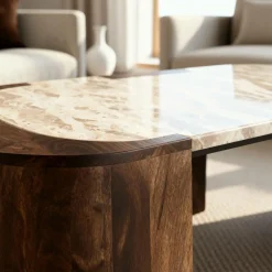 Made in Meubles Table basse ovale en bois de manguier et marbre Agnès