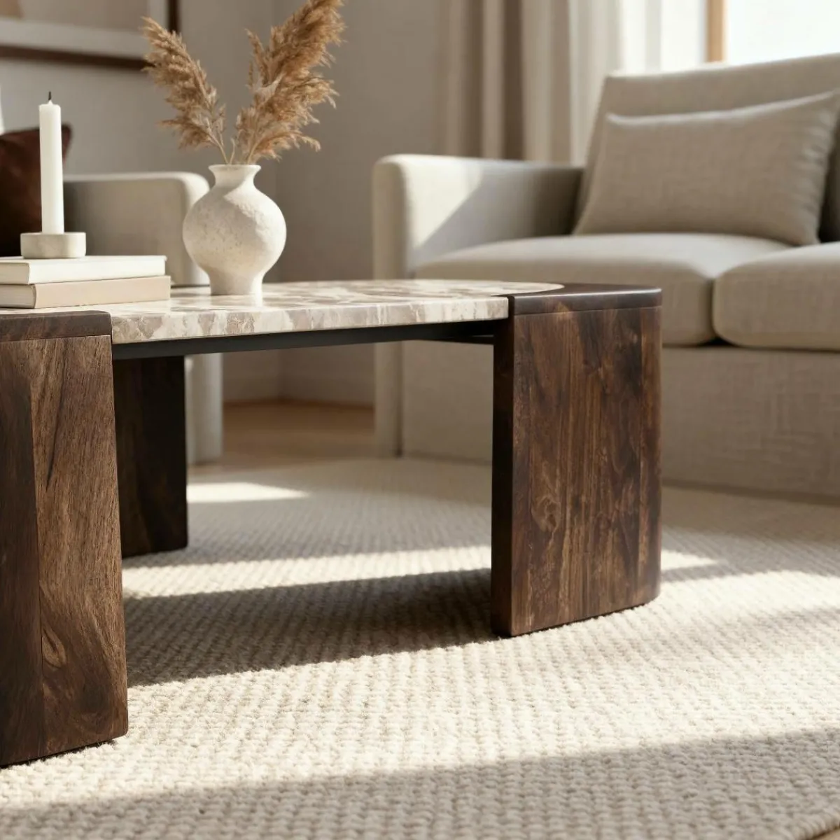 Made in Meubles Table basse ovale en bois de manguier et marbre Agnès