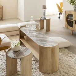 Made in Meubles Table basse ovale en bois de manguier et marbre Isabella