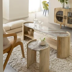 Made in Meubles Table basse ovale en bois de manguier et marbre Isabella