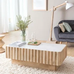 Made in Meubles Table basse rectangulaire en bois de manguier et marbre blanc Moana