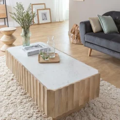Made in Meubles Table basse rectangulaire en bois de manguier et marbre blanc Moana