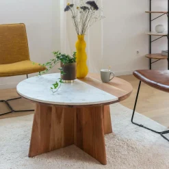 Made in Meubles Table basse ronde en bois d'acacia et marbre Homère