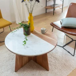 Made in Meubles Table basse ronde en bois d'acacia et marbre Homère
