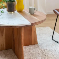 Made in Meubles Table basse ronde en bois d'acacia et marbre Homère