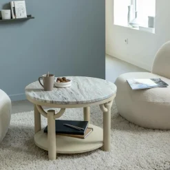 Made in Meubles Table basse ronde en bois de manguier et marbre Isabella