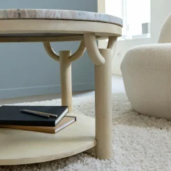 Made in Meubles Table basse ronde en bois de manguier et marbre Isabella