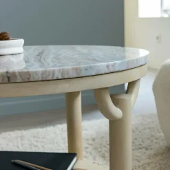 Made in Meubles Table basse ronde en bois de manguier et marbre Isabella