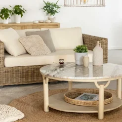 Made in Meubles Table basse ronde en bois de manguier et marbre Isabella
