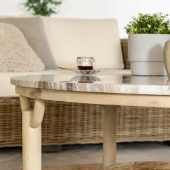 Made in Meubles Table basse ronde en bois de manguier et marbre Isabella