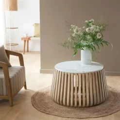 Made in Meubles Table basse ronde en bois de manguier et marbre blanc Moana