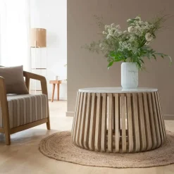 Made in Meubles Table basse ronde en bois de manguier et marbre blanc Moana