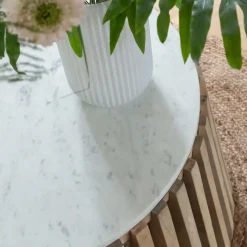 Made in Meubles Table basse ronde en bois de manguier et marbre blanc Moana