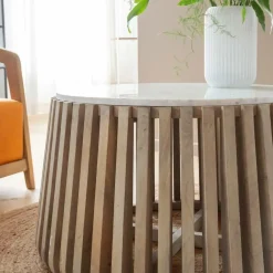 Made in Meubles Table basse ronde en bois de manguier et marbre blanc Moana