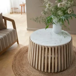 Made in Meubles Table basse ronde en bois de manguier et marbre blanc Moana