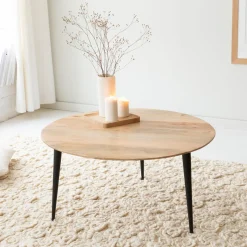 Made in Meubles Table basse ronde en bois de manguier et métal Aimée