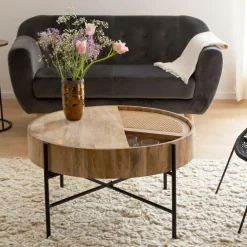 Made in Meubles Table basse ronde en bois et en cannage Lucie
