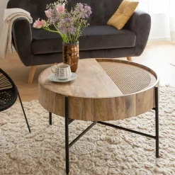 Made in Meubles Table basse ronde en bois et en cannage Lucie