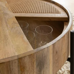 Made in Meubles Table basse ronde en bois et en cannage Lucie