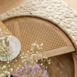 Made in Meubles Table basse ronde en bois et en cannage Lucie