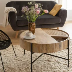 Made in Meubles Table basse ronde en bois et en cannage Lucie