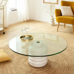 Made in Meubles Table basse ronde en marbre et verre Lara