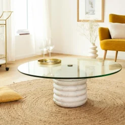 Made in Meubles Table basse ronde en marbre et verre Lara