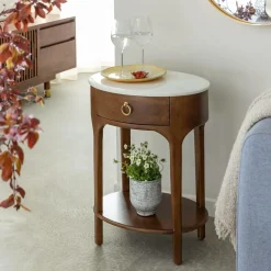Made in Meubles Table de chevet en manguier et marbre Enoa