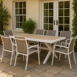 Made in Meubles Table de jardin blanche et effet bois en aluminium Ayden