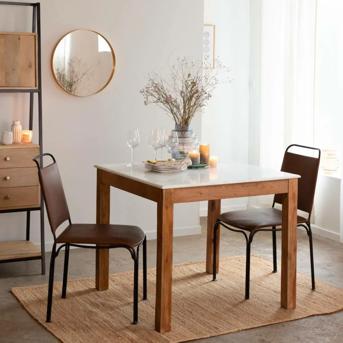 Made in Meubles Table à manger carrée en bois d'acacia et marbre Arthuro