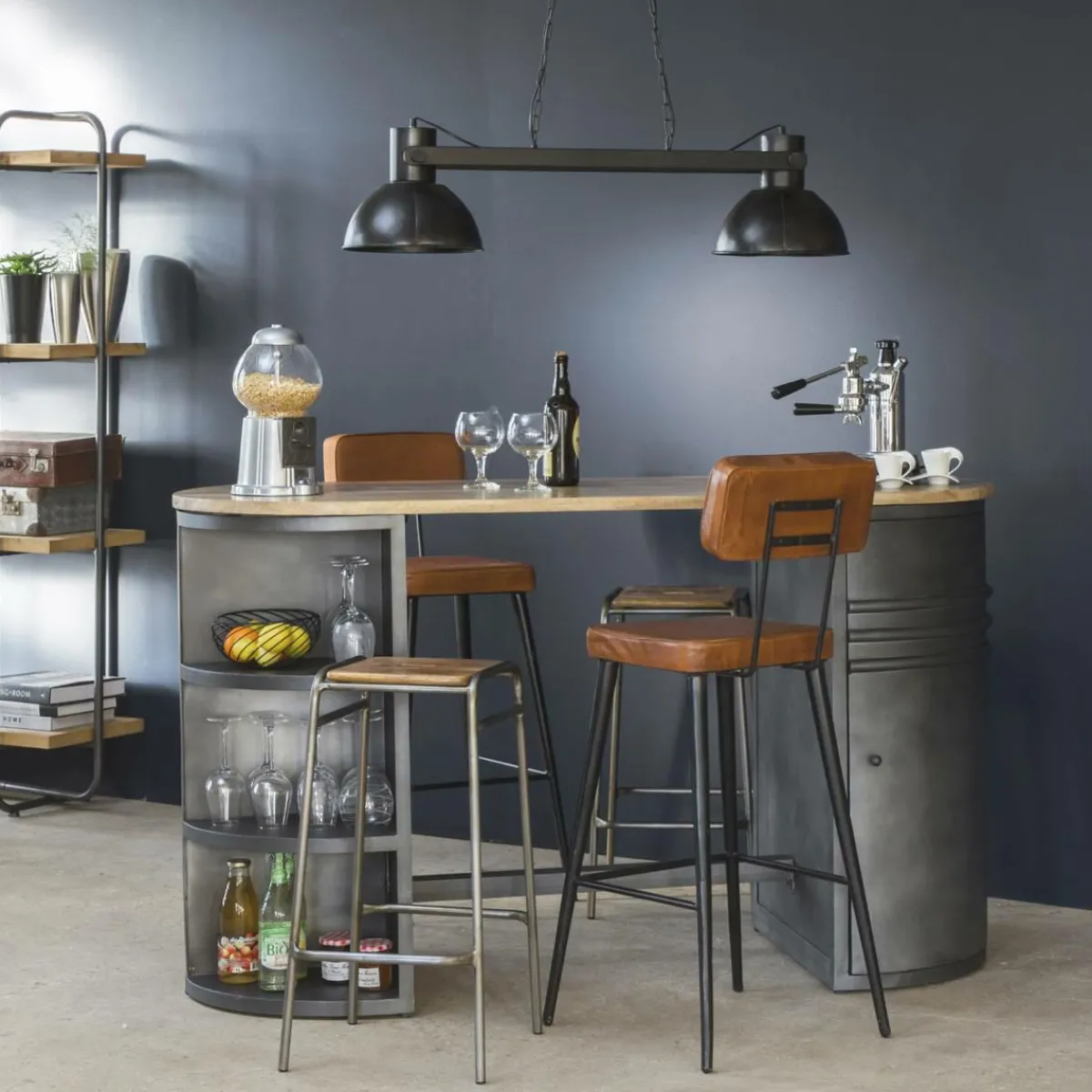 Made in Meubles Tabouret de bar en cuir marron et métal noir Victoire