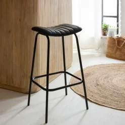 Made in Meubles Tabouret de bar en cuir noir et métal Alexandre (lot de 2)