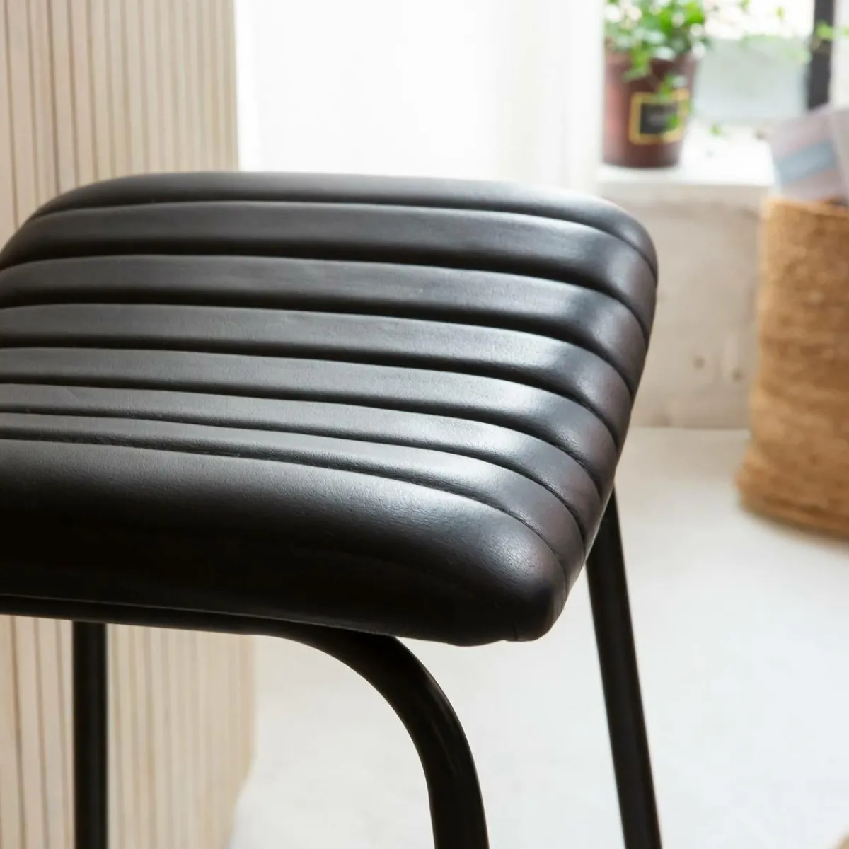 Made in Meubles Tabouret de bar en cuir noir et métal Alexandre (lot de 2)