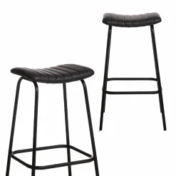 Made in Meubles Tabouret de bar en cuir noir et métal Alexandre (lot de 2)