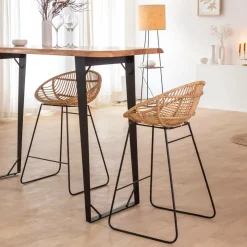 Made in Meubles Tabouret de bar rond en rotin et métal Calvi