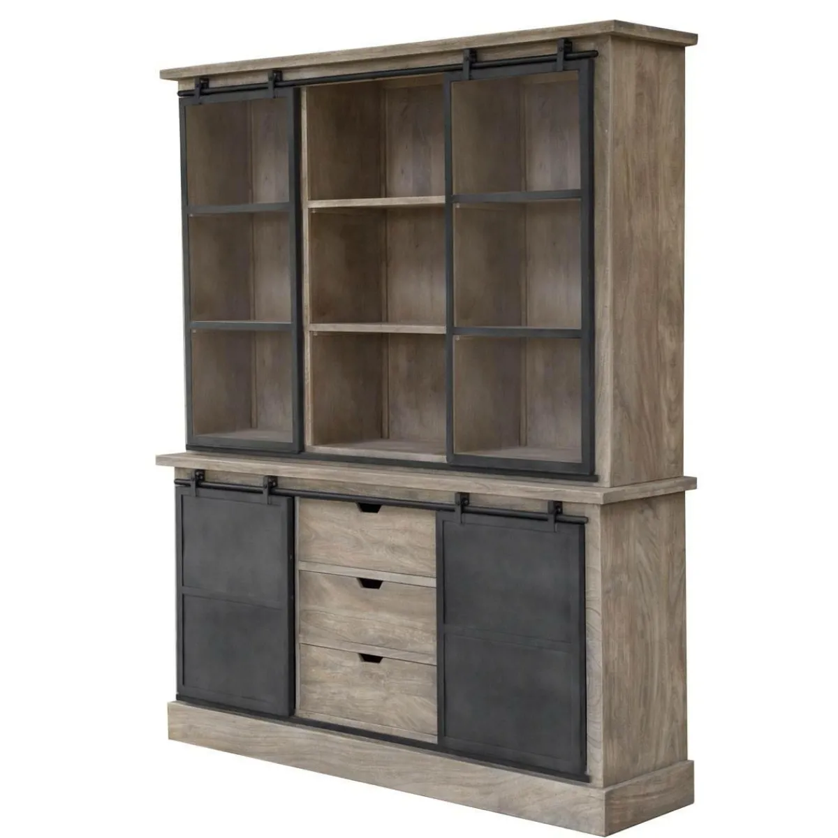 Made in Meubles Vaisselier en bois de manguier brossé et métal gris Helsinki